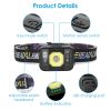 2Packs Rechargeable Motion Sensor Headlamp 6 Light Modes COB XPG Headlight Torch Flashlight for Fishing Running Camping Hiking - Black